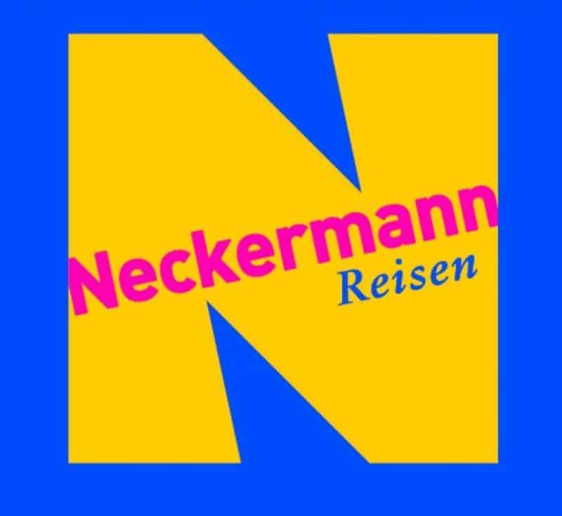 Figure publicitaire pour Neckermann. 4 Logo Neckermann Reisen z dużą żółtą literą "N" na niebieskim tle. Na literze "N" znajduje się różowy napis "Neckermann" i niebieski napis "Reisen".