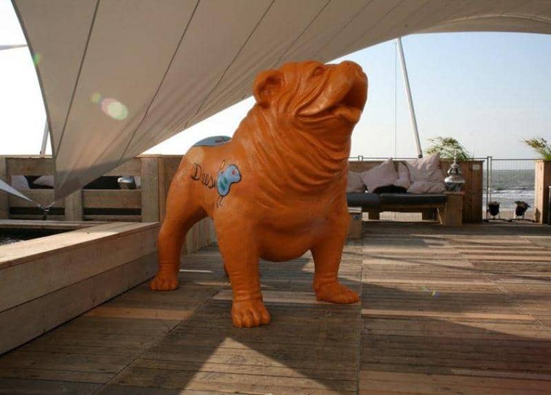 Grande figure de bouledogue 1 Pomarańczowa statua psa na drewnianym tarasie pod białym zadaszeniem.