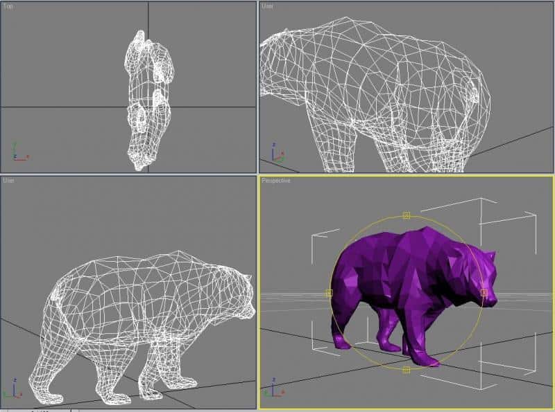 Ours géométrique low-poly 2 Model 3D niedźwiedzia z widokiem siatki i pełnym meshem w programie do modelowania.