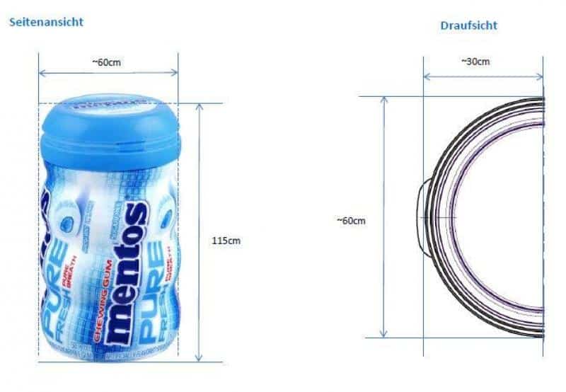 Publicité Mentos 3D sur panneau d'affichage 4 Opakowanie gum do żucia Mentos Pure Fresh z zaznaczonymi wymiarami: wysokość 115 cm, szerokość ok. 60 cm, średnica ok. 30 cm.