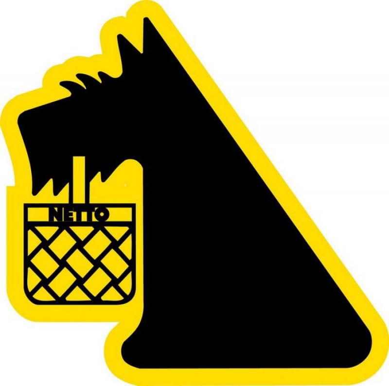 LOGO 3D NETTO 2 Logo czarnego psa z koszykiem na zakupy z napisem "NETTO", otoczone żółtą obwódką.