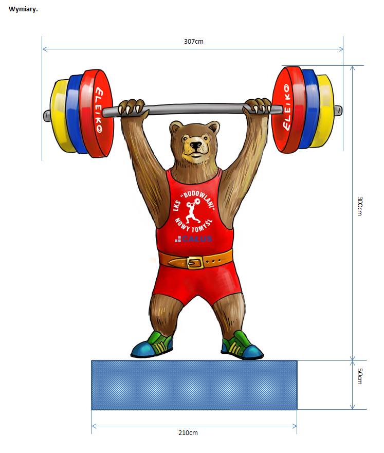 Grand Ours - Championnats d'Haltérophilie 5 Miś sztangista w czerwonym stroju podnoszący ciężar, wymiary: szerokość 307 cm, wysokość 300 cm, podstawa 210 cm x 50 cm.