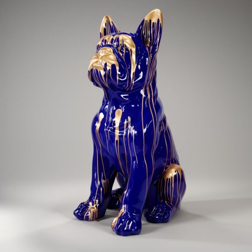 Grande figurine bouledogue français « Juki » bleu / or trash