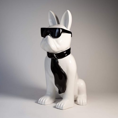 Figurine moyenne de Bulldog avec Cravate et Lunettes - Blanc Noir