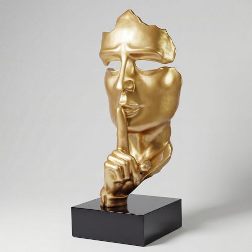 sculpture visage doré en fibre de verre, style contemporain partiel avec main au doigt sur la bouche, déco intérieure ou événementielle