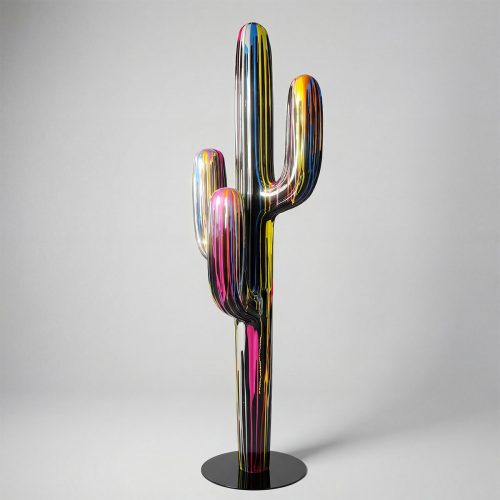 figure cactus en fibre de verre stratifié noir à reflets colorés style artistique contemporain, décoration intérieure ou événement