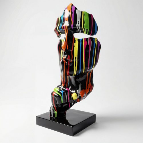 sculpture visage en fibre de verre noir à rayures colorées goutteantes style contemporain pour déco ou PLV