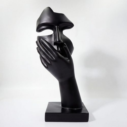 sculpture visage stylisé en fibre de verre noir main couvrant la bouche style moderne décor intérieur ou vitrine commerciale