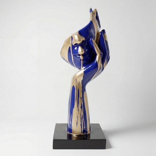 sculpture visage main en fibre de verre bleu cobalt et or style contemporain brillant pour décoration ou publicité