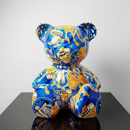 figure ours en fibre de verre bleu et jaune motif abstrait brillant, style artistique décoratif pour boutique ou événement