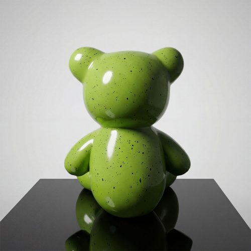 figure ours vert brillant en fibre de verre à taches noires style pop art, décoration intérieure ou vitrine événementielle