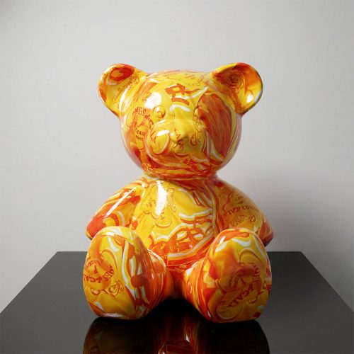figure ours en fibre de verre jaune et orange vernissé, style artistique pop, pour décoration commerciale ou événementielle