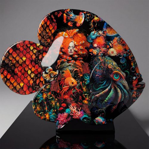 figure poisson en fibre de verre colorée style artistique avec sirène, poissons et pieuvre orange et turquoise, pour déco ou publicité
