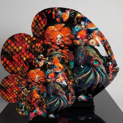 sculpture poisson en fibre de verre stylisée, motifs marins colorés orange et turquoise, style artistique décoratif pour vitrine ou événement