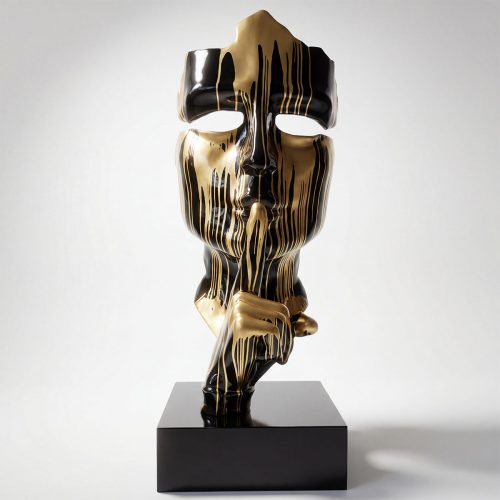 sculpture tête en fibre de verre noir et or effet coulé art contemporain pour décoration ou publicité, style artistique