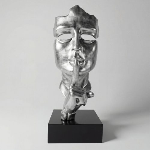 sculpture masque silencieux en fibre de verre argentée, style contemporain réaliste, décor intérieur ou vitrine commerciale