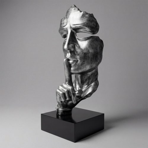sculpture visage stylisé en fibre de verre argentée, main au doigt sur les lèvres, style artistique décoratif pour galerie ou événement