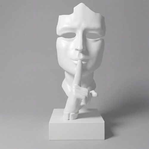 sculpture visage blanc en fibre de verre, style moderne réaliste avec doigt sur les lèvres, déco intérieure ou vitrine