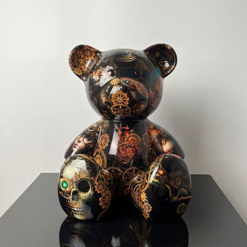 figure ours en fibre de verre peint noir à motifs steampunk dorés avec crâne et engrenages, décoration intérieure ou vitrine