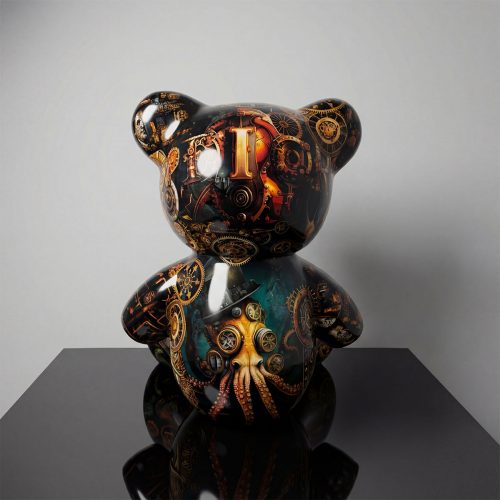 figure ours en fibre de verre style steampunk noir et cuivre avec engrenages et pieuvre décorative pour vitrine ou événement