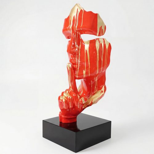 sculpture visage stylisé en fibre de verre rouge et or, effet gouttes, style contemporain, pour décoration intérieure ou vitrine