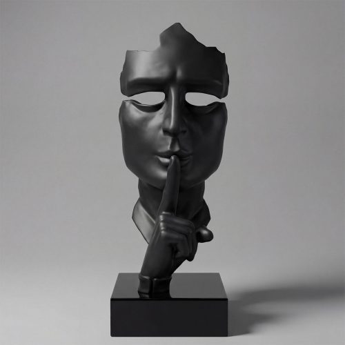 sculpture visage noir en fibre de verre, style contemporain fragmenté, doigt sur les lèvres, déco intérieure ou vitrine