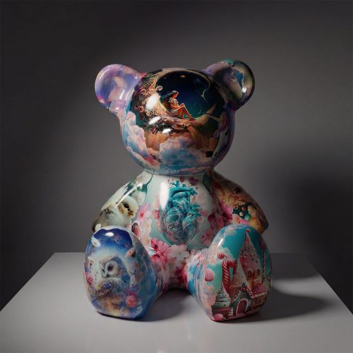 sculpture ours en fibre de verre décorée style fantaisie coloré avec scènes oniriques, oiseaux, hibou et maison en bonbons, usage déco/événement
