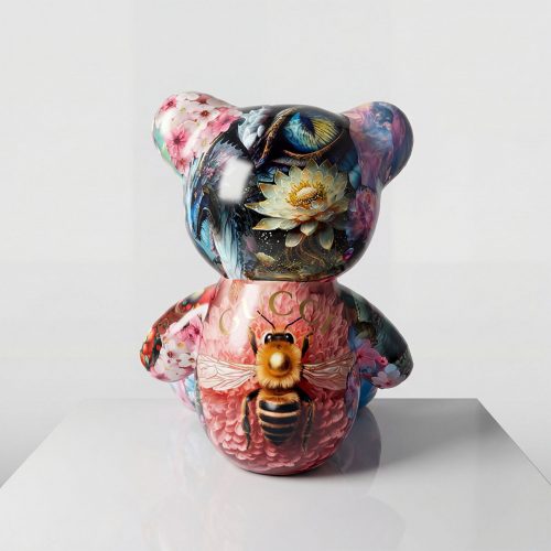 sculpture ours en fibre de verre colorée style artistique floral avec abeille et motifs réalistes, décoration intérieure ou événement
