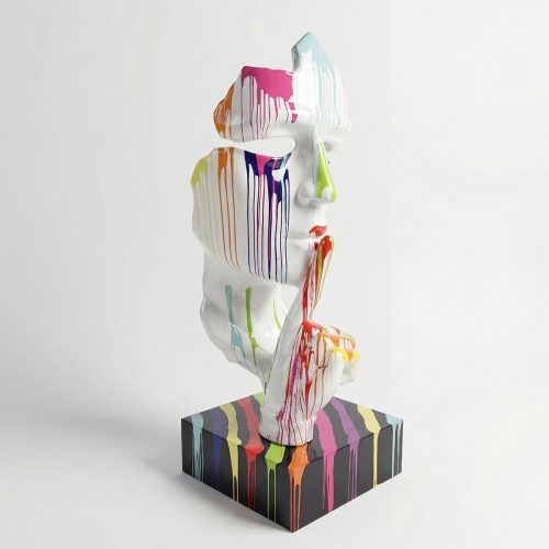 sculpture visage en fibre de verre blanche avec coulures multicolores style contemporain pour déco ou publicité