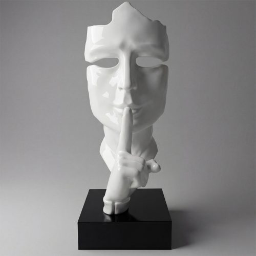 sculpture tête blanche en fibre de verre style moderne visage partiel doigt sur les lèvres décoration intérieure ou vitrine