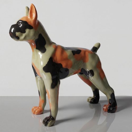 figure chien en fibre de verre camouflage vert orange noir style artistique brillant pour décoration ou publicité