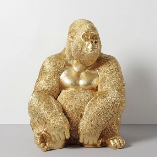 sculpture gorille en fibre de verre dorée, style réaliste texturé, décor intérieur ou vitrine commerciale