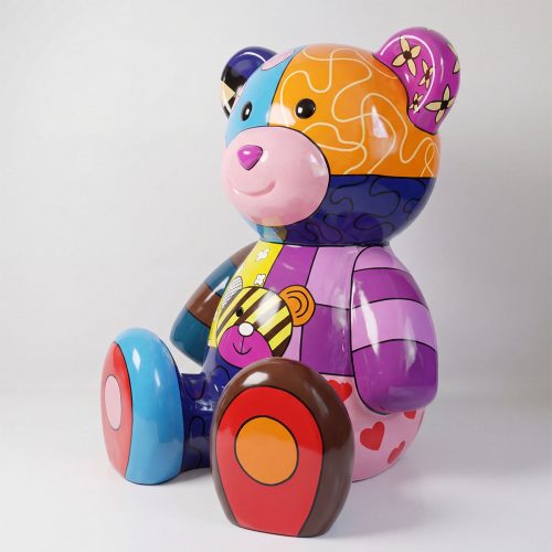 figure ours en fibre de verre colorée style pop art motifs patchwork orange rose violet bleu, pour décoration ou publicité