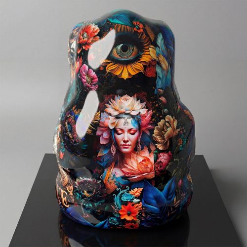 figure sculpturale femme en fibre de verre, style artistique coloré avec fleurs, œil décoratif et finitions brillantes pour décoration événementielle