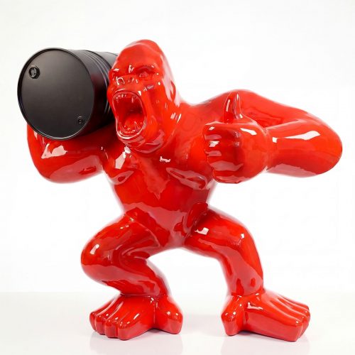 sculpture gorille en fibre de verre rouge brillant, style pop art, tenant un tonneau noir, pour décoration ou PLV