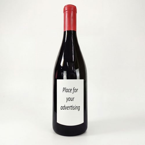 figure bouteille de vin en fibre de verre noir brillant avec capsule rouge style réaliste étiquette blanche publicité décoration évènement
