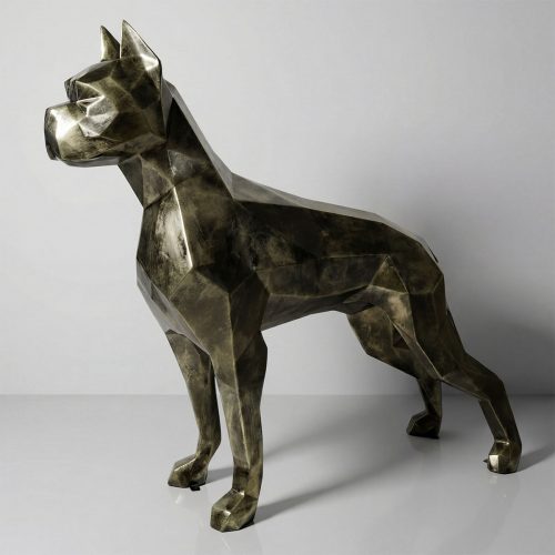 figure chien en fibre de verre style géométrique bronze patiné, décoration intérieure ou vitrine commerciale