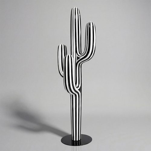 figure cactus en fibre de verre noir et blanc à rayures, style artistique décoratif pour boutique ou événement