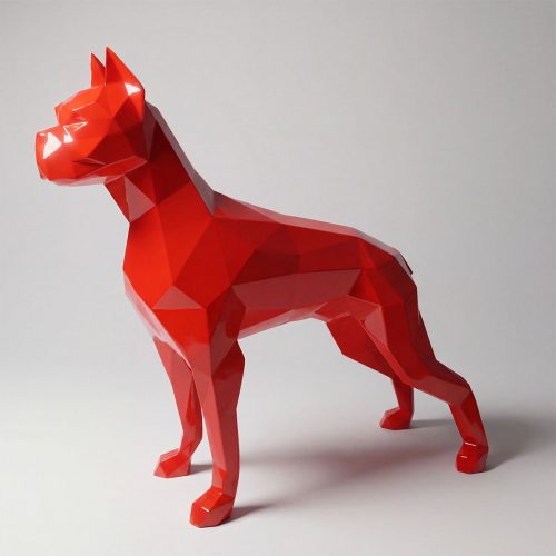sculpture chien en fibre de verre rouge, style géométrique facetté, décor intérieur ou vitrine publicitaire