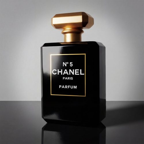 figure flacon de parfum Chanel N°5 en fibre de verre noir et or, style réaliste luxe pour publicité ou vitrine