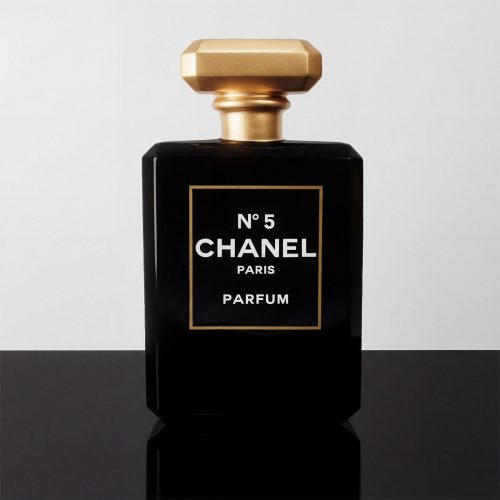 sculpture flacon parfum noir et or en fibre de verre style réaliste luxe pour vitrine décoration événement