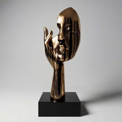 sculpture visage et main en fibre de verre dorée, style moderne réfléchissant avec stries noires, décor événementiel ou galerie