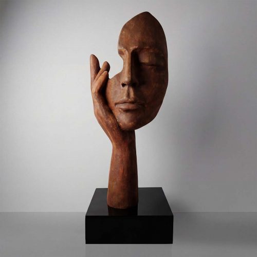 sculpture visage et main en fibre de verre brun rustique style réaliste, décoration intérieure ou galerie commerciale