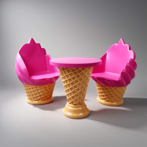 Ensemble de mobilier pour glacier – table cornet gaufré + chaises en forme de glace