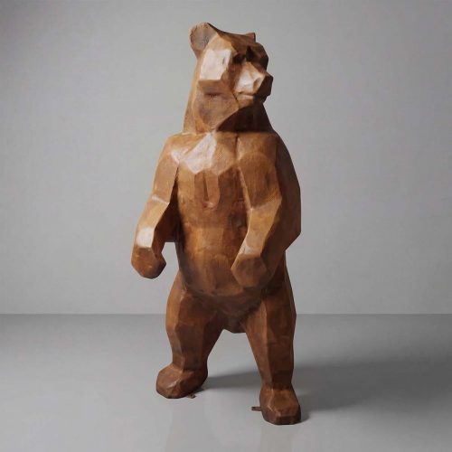 figure ours debout en fibre de verre stratifiée, style géométrique anguleux couleur bois, pour décoration ou publicité intérieur/événement