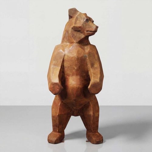 figure ours en fibre de verre brun, style géométrique/rustique, sculpture debout décor intérieur ou vitrine commerciale