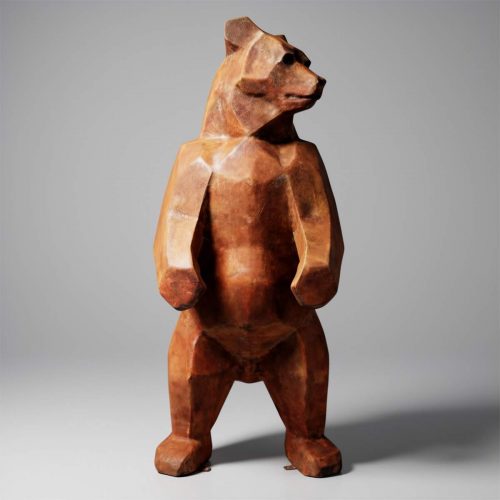 figure ours debout en fibre de verre stratifiée, style géométrique anguleux couleur bois, pour décoration ou publicité intérieur/événement