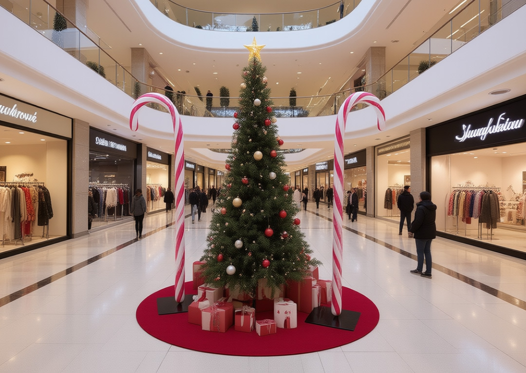 Grandes cannes de sucre d’orge de Noël dans un centre commercial