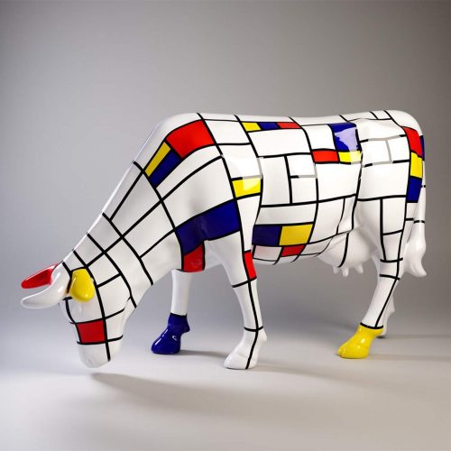 Grande Figurine – Vache Peinte à la Main avec Motif Mondrian