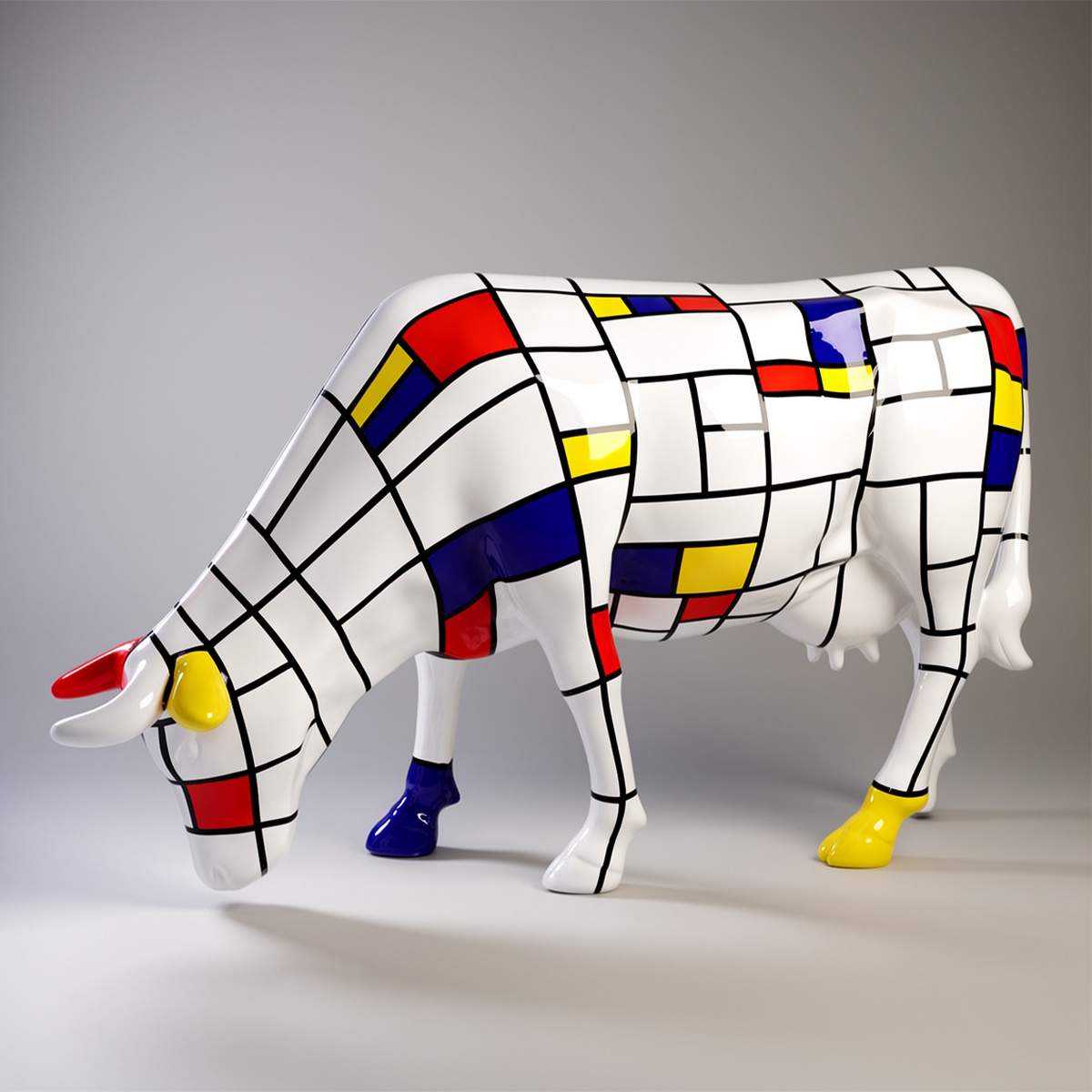 Grande Figurine – Vache Peinte à la Main avec Motif Mondrian